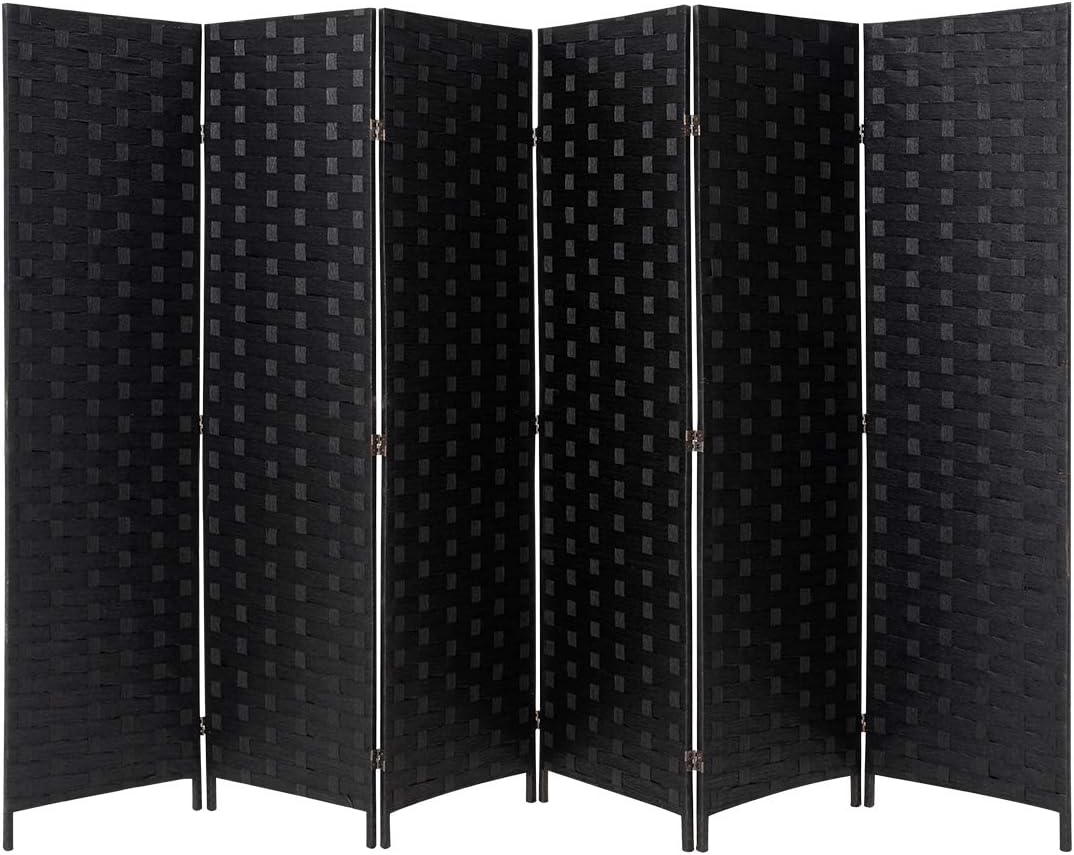 Esright 6 Panels Room Divider, 6 FT Tall Weave Fiber Room Divider, Double Hinged Folding Privacy Screens, Freestanding Room Dividers, Black