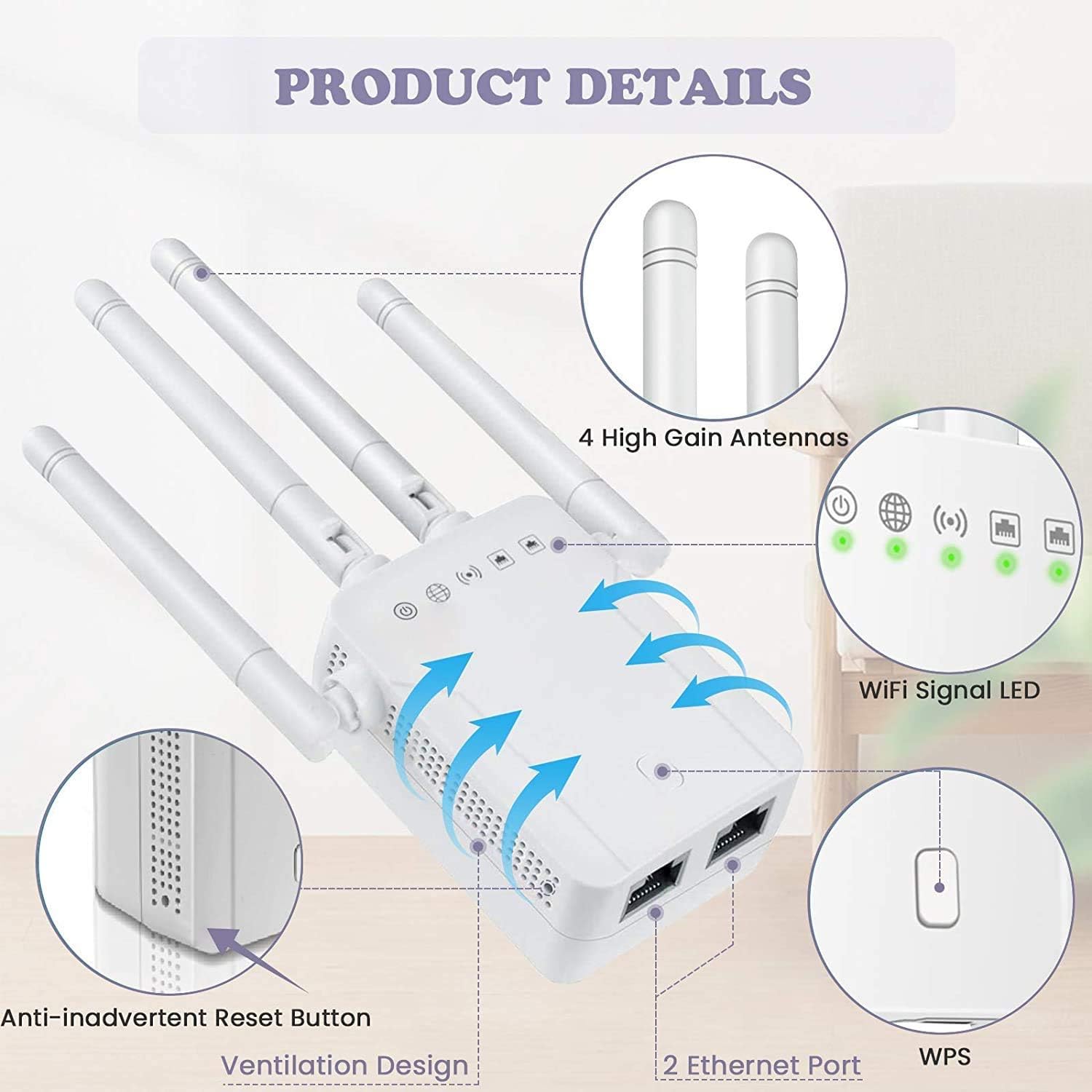 WiFi Extender，WiFi Repeater, WiFi Booster， Covers Up to 3500 Sq.ft and 30 Devices, Up to 1200Mbps WiFi Repeater， WiFi-Dual Band 2.4G and 5G - 4 Antennas 360° Coverage Extend WiFi Signal to Smart Home Pack of 2