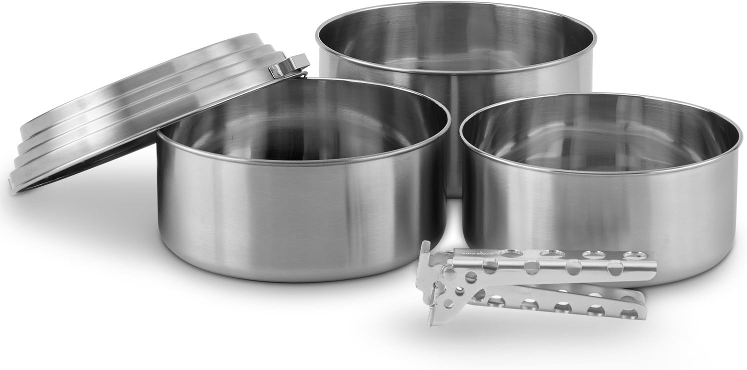 Solo Stove 3 Pot Set - Stainless Steel Camping Backpacking Cookware Kitchen Kit | Pot Gripper Included for Rocket Stove Camp Cooking