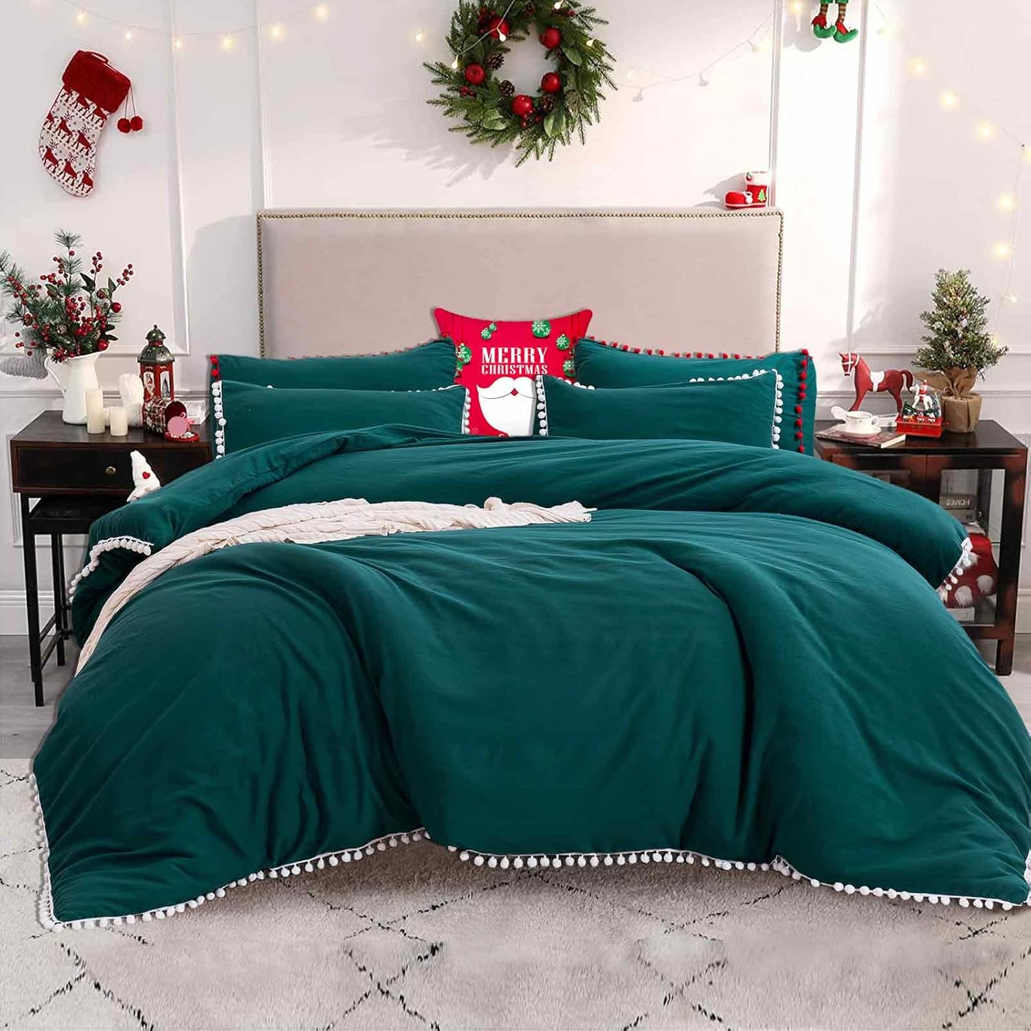 Christmas Pom Duvet Cover King Size, 3 Piece Boho Bohemian Farmhouse Microfiber Bedding Comforter Cover Set, Soft and Lightweight, Solid Green with White Pompom Pack of 2