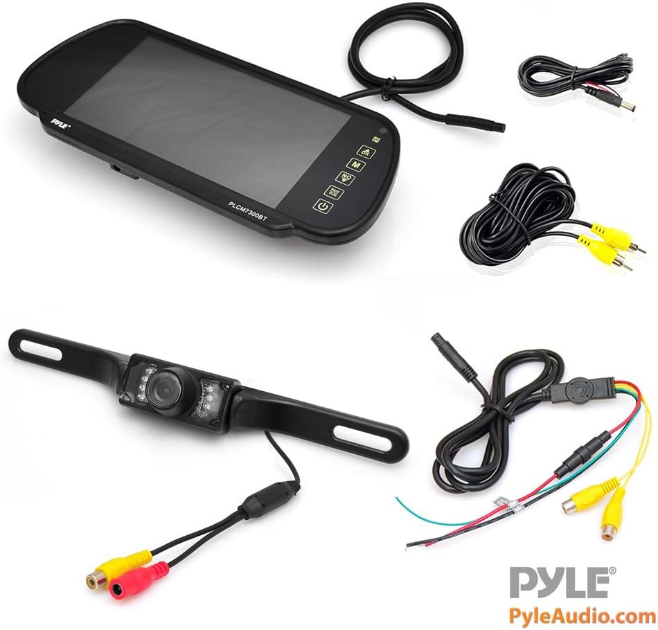 Pyle Backup Car Camera & Rear View Mirror Monitor Screen System-Parking & Reverse Safety Distance Scale Lines, Waterproof & Night Vision Cam with IR LED Lights, 7