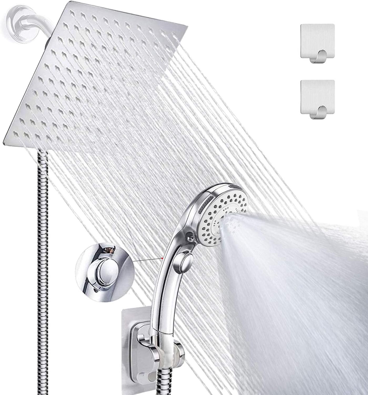 Shower Head with handheld, High Pressure 8'' Rainfall Stainless Steel Shower Head/Handheld Shower with ON/OFF Pause Switch Shower Combo with hose,Adhesive Shower Head Holder Pack of 2
