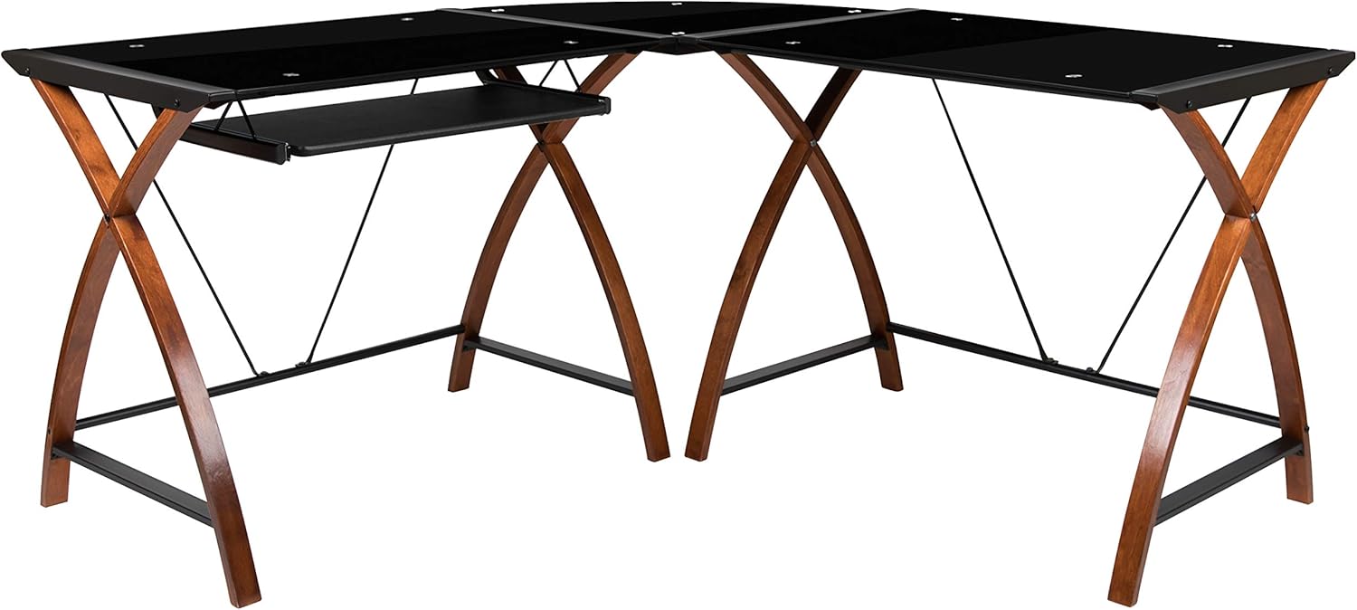 BlackArc Dusk to Destiny L-Shaped Gaming Desk with Black Tempered Glass Surface and Crisscross Cherry Finished Legs - Sliding Keyboard Tray