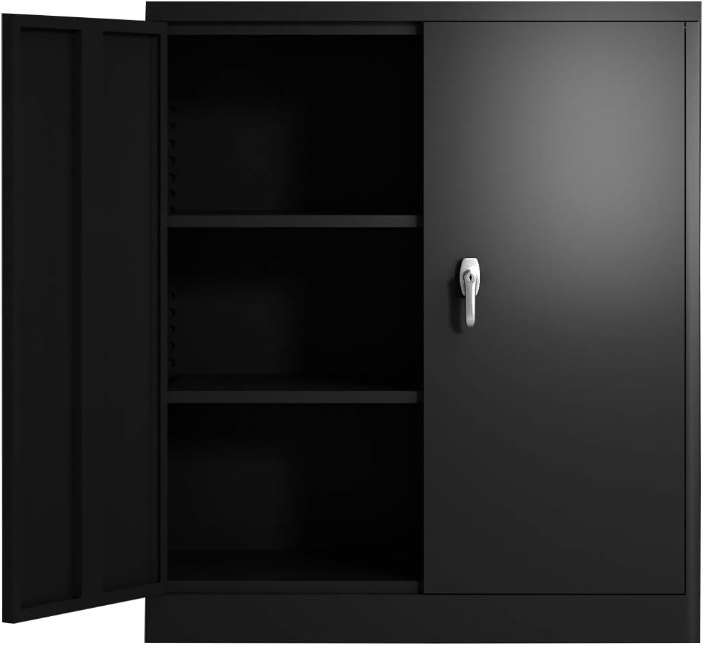 Metal Storage Cabinet with Locking Doors, Garage Storage Cabinet with 4 Adjustable Shelves, Black Steel Storage Cabinet for Home Office and Warehouse