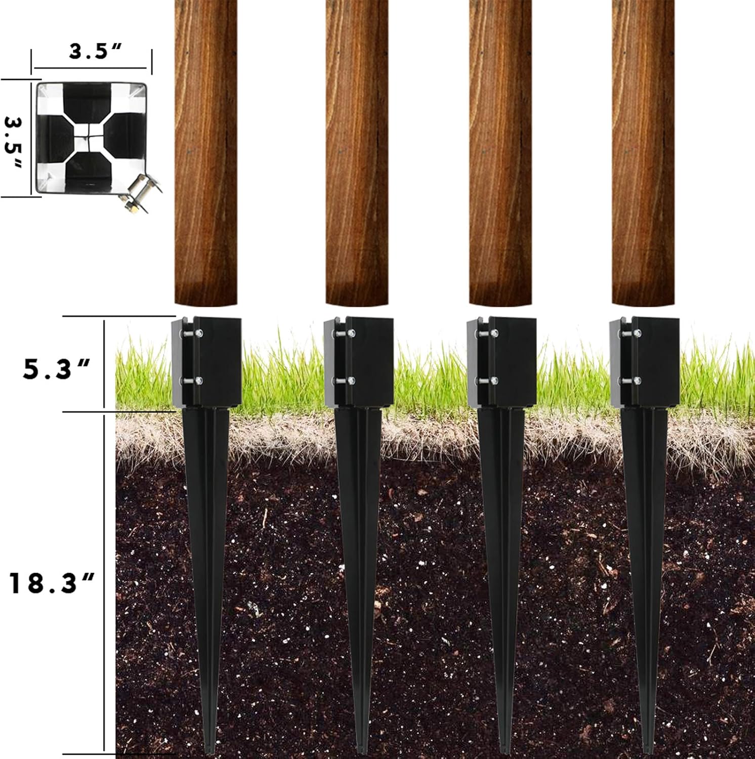 Gtongoko Fence Post Anchor Ground Spike 24 x 4 x 4 Inches Outer Diameter (Inner Diameter 3.5 x3.5 Inches), 4 Pack Heavy Duty Metal Black Powder Coated