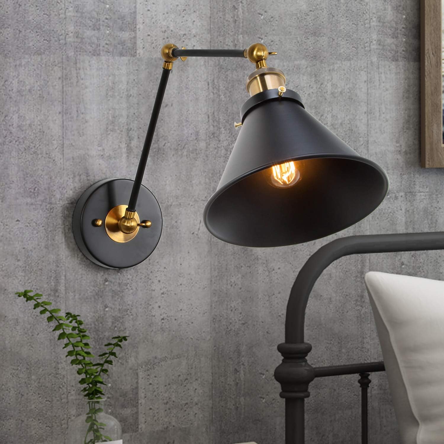 Swing Arm Wall Lamp, Plug-in or Hardwire Sconces Wall Lighting, Antique Brass and Black Matte Finish (2 Pack)