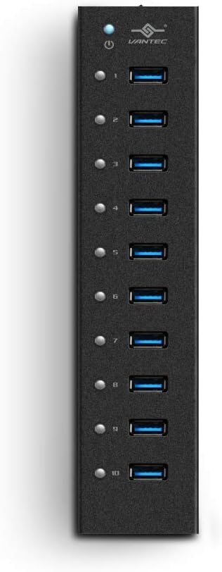 Vantec 10-Port USB 3.0 Hub, Aluminum, Full Powered, Mountable, with All Ports Data & Charging Up to 1.5A, BC 1.2, Premium 12V/5A, 60W Power Adapter (UGT-AH110U3-BK),Black Pack of 2