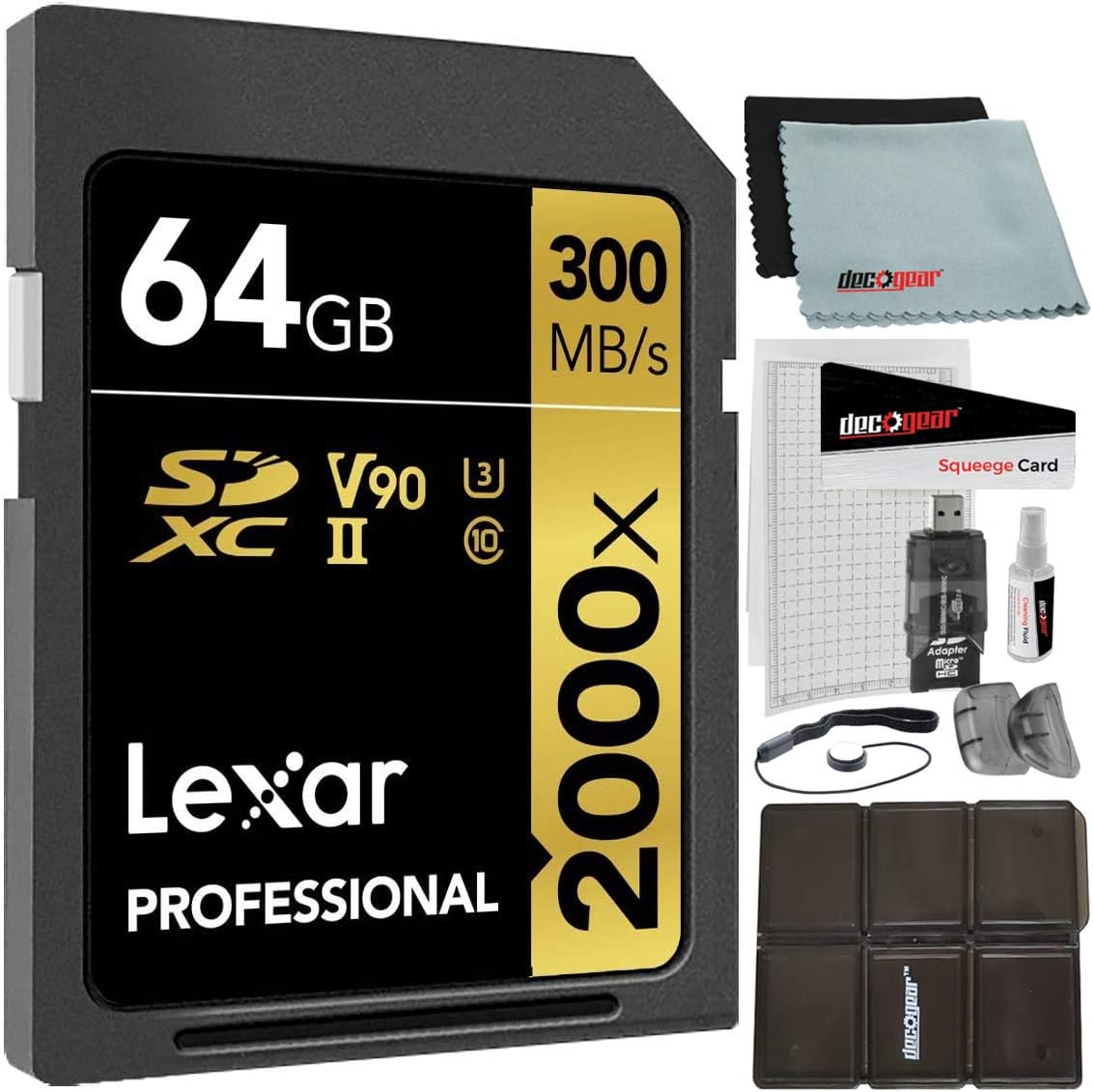 Lexar Professional 2000x 64GB SDXC UHS-II Memory Card Up to 300MB/s Read (LSD2000064G-BNNNU) Bundle w/Deco Gear Accessories Kit Including Reader & Case + LCD Screen Covers + Microfiber Cloth & More