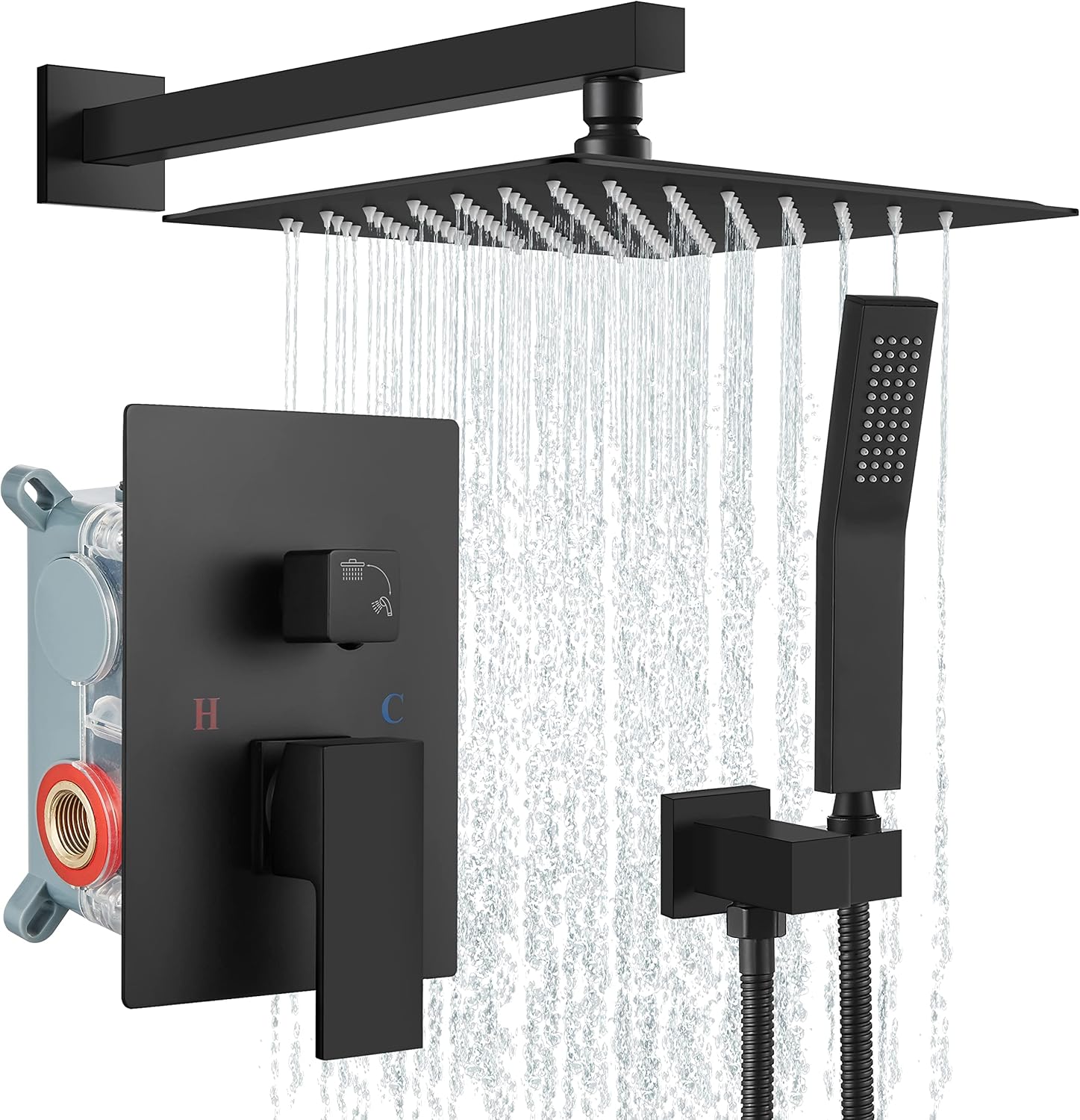 Aolemi Matte Black Rainfall Shower System 12 Inch Shower Head Combo Set with Handheld Shower Luxury Pressure Rough-In Valve Included Wall Mount Bathroom Shower Mixer Faucet