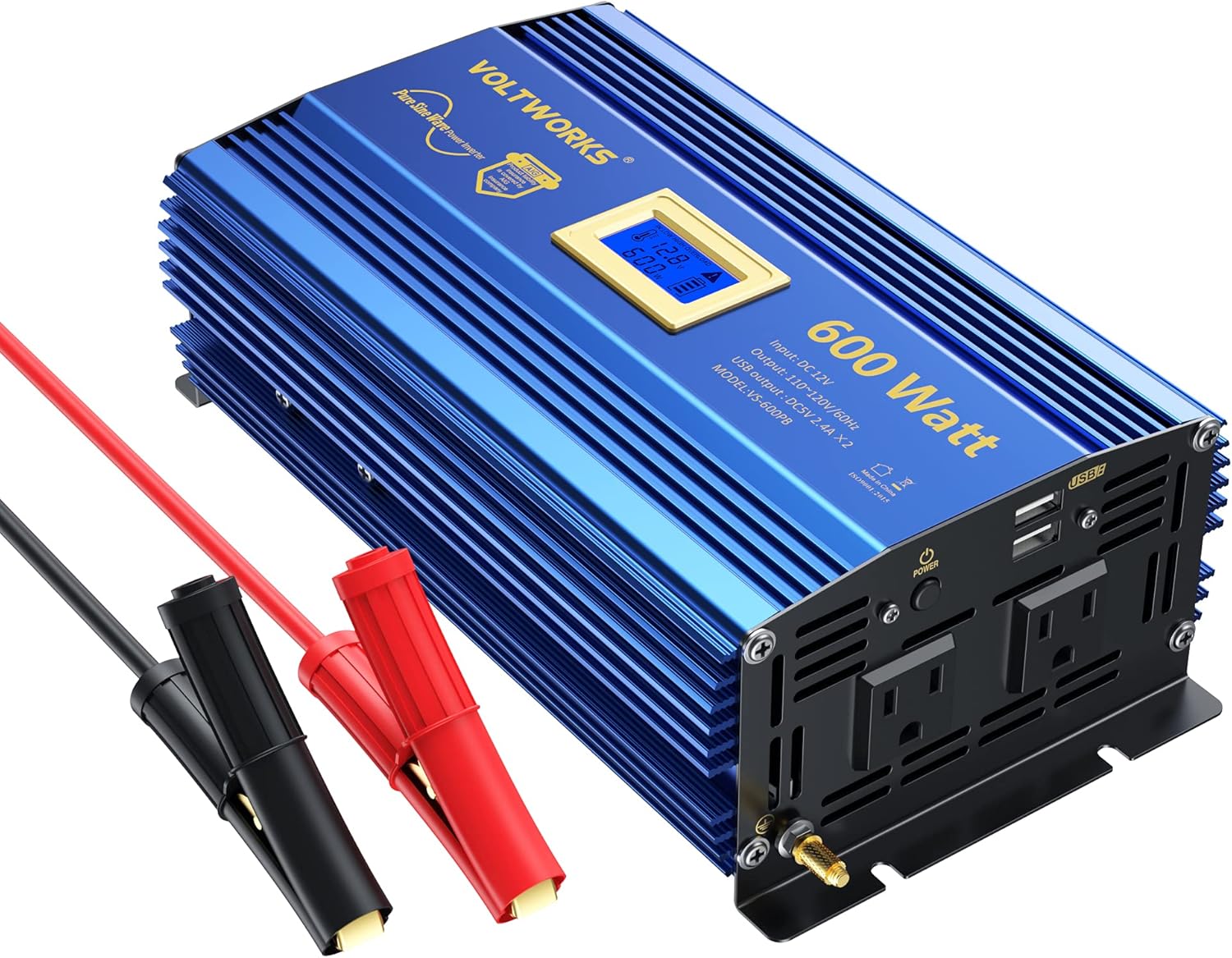 VOLTWORKS 600 Watts Pure Sine Wave Power Inverter 600w DC 12V to AC 110V 120V with Dual 2.4A USB Port & LCD Display Two AC Outlets for Car Truck RV
