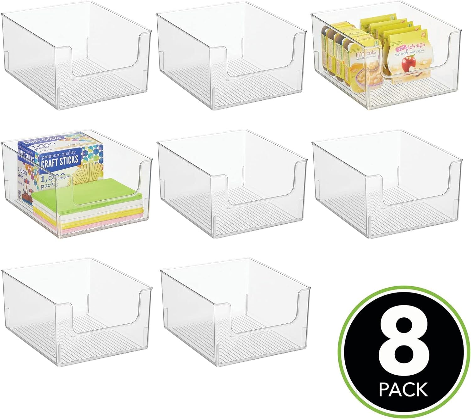 mDesign Modern Plastic Open Front Dip Storage Organizer Bin Basket for Household Organization - Shelves, Cubby, Cabinet, and Closet Organizing Decor - Ligne Collection - 8 Pack - Clear