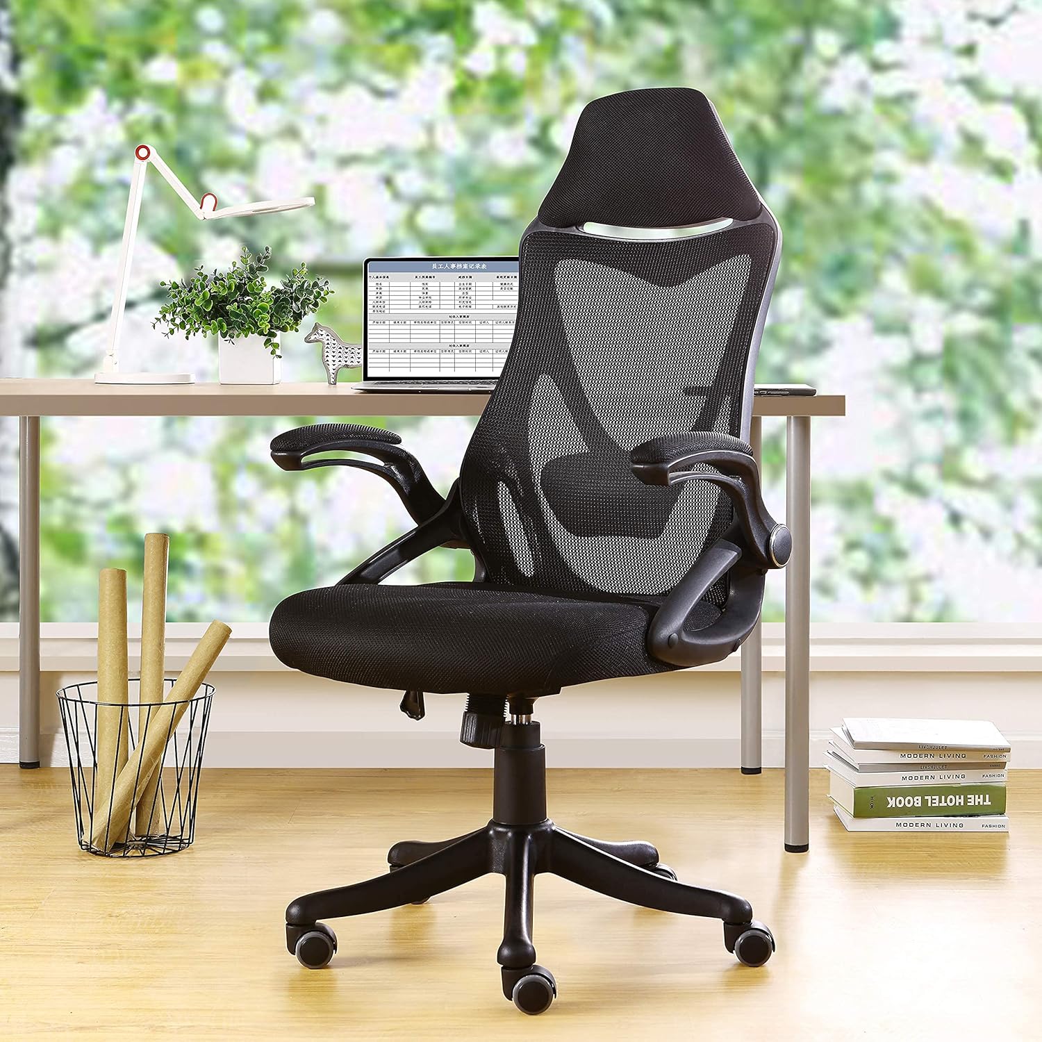 Home Office Ergonomic Mesh Office Chair Computer Chair with Flip-up Arms Adjustable Lumbar Support Desk Chair (Black)