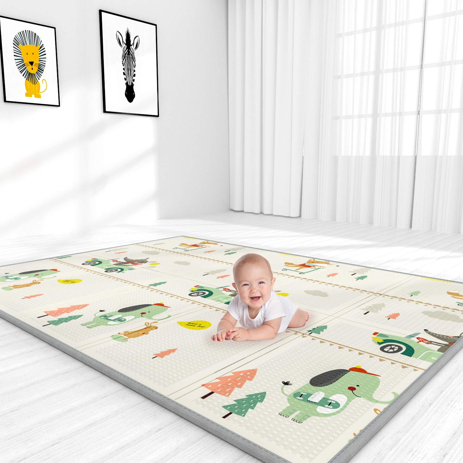 YOOVEE Baby Play Mat, Large Folding Portable Baby Crawling Mat, Waterproof Non Toxic Soft Foam Reversible Double-Sided Baby Floor Mat for Infants Toddler and Kids, 76