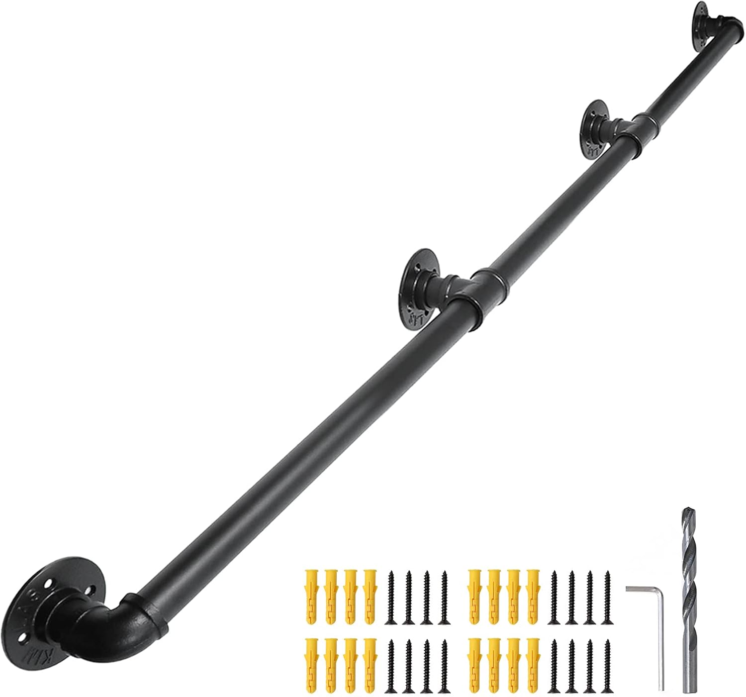 SCIEO 5FT Staircase Handrail with 3 Wall Mount Support Industrial Loft Round Corner Pipe Banister Metal Galvanized Steel Grab Bar Hand Railing Indoor Outdoor Deck Hand Rail, Black