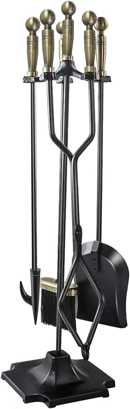 WBHome Fireplace Tools Set 5 Pieces Wrought Iron Fireset Fire Pit Poker Wood Stove Log Tongs Holder Fireplace Tool Set With Pedestal Place, 32 Inch (Black All)