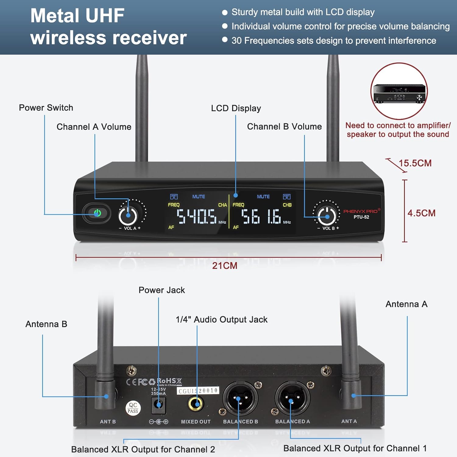 Phenyx Pro UHF Wireless Microphone System, 30 Adjustable Frequencies, Cordless Handheld/Bodypack/Headset/Lapel Mic Set with Case, 200ft Coverage, Ideal for Home Karaoke, Weddings, DJ, Church (PTU-52B)