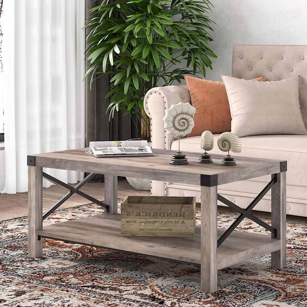 SHA CERLIN Modern Farmhouse Wood Side Table, Night Stand Table with X-Shaped Metal Frame Support, Wood Look Accent End Table with Storage Shelf, Sturdy, 15.4 Inches, Grey Wash