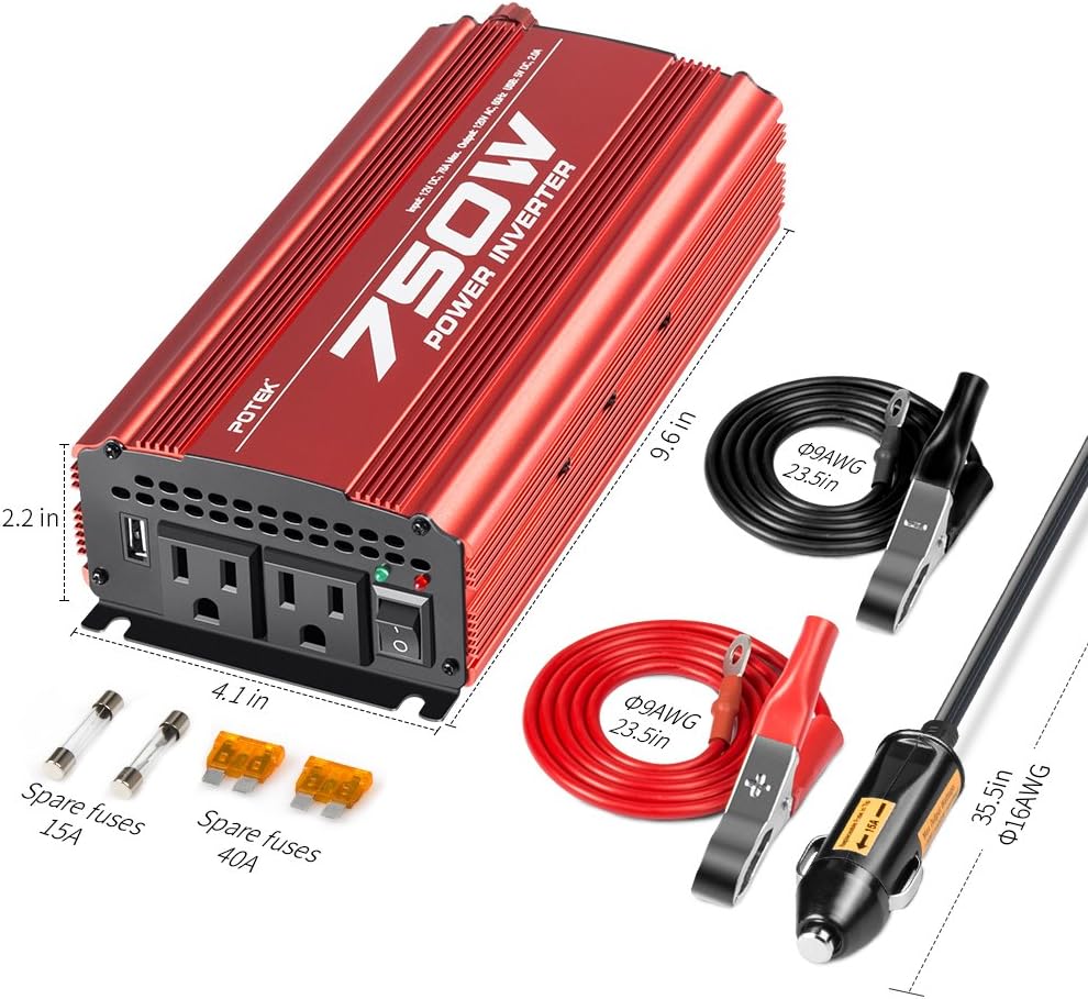 POTEK 750W Power Inverter DC 12V to AC 115V Car Converter with 2A USB Charging Port Pack of 2