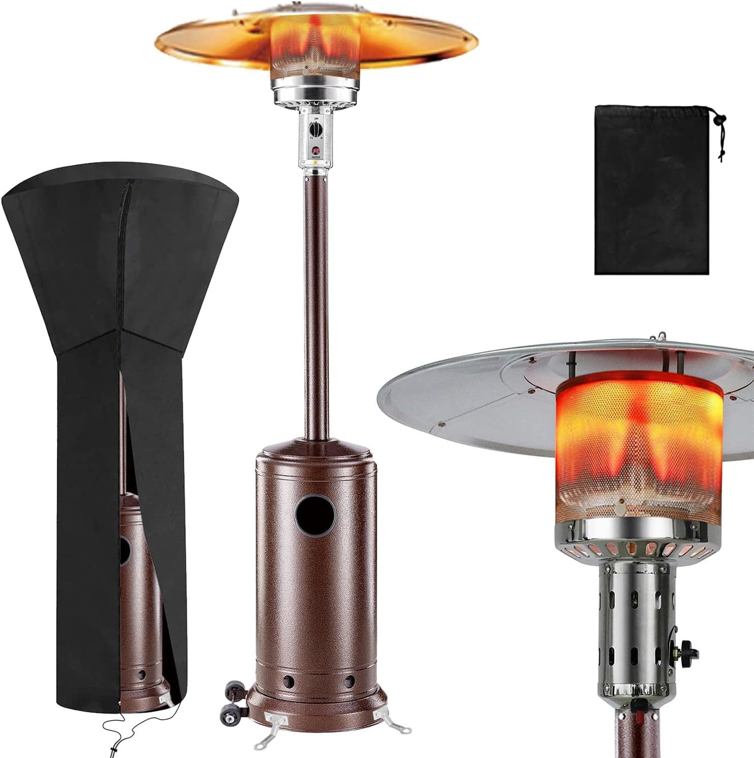 Patio Heater Propane with Cover - Outdoor Heaters For Patio Propane Heater Floor Standing with Wheels - Commercial Stainless Steel Gas Space Heaters for Outside Tent Camping, Porch, Pool and Garden(Bronze)
