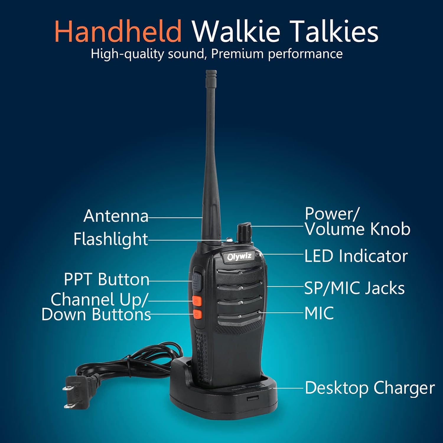 Olywiz Walkie Talkies for Adults Long Range, with Earpieces GMRS Radio Rechargeable 2 Way Radio with Flashlight for School Business Family 4 Pack Pack of 2