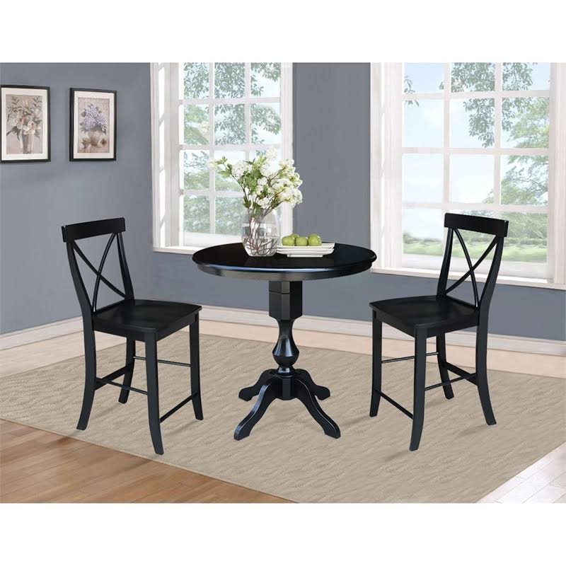 36x22 Round Top Counter Height Table with 2 X-Back Stools - 3 Piece Set (Black)