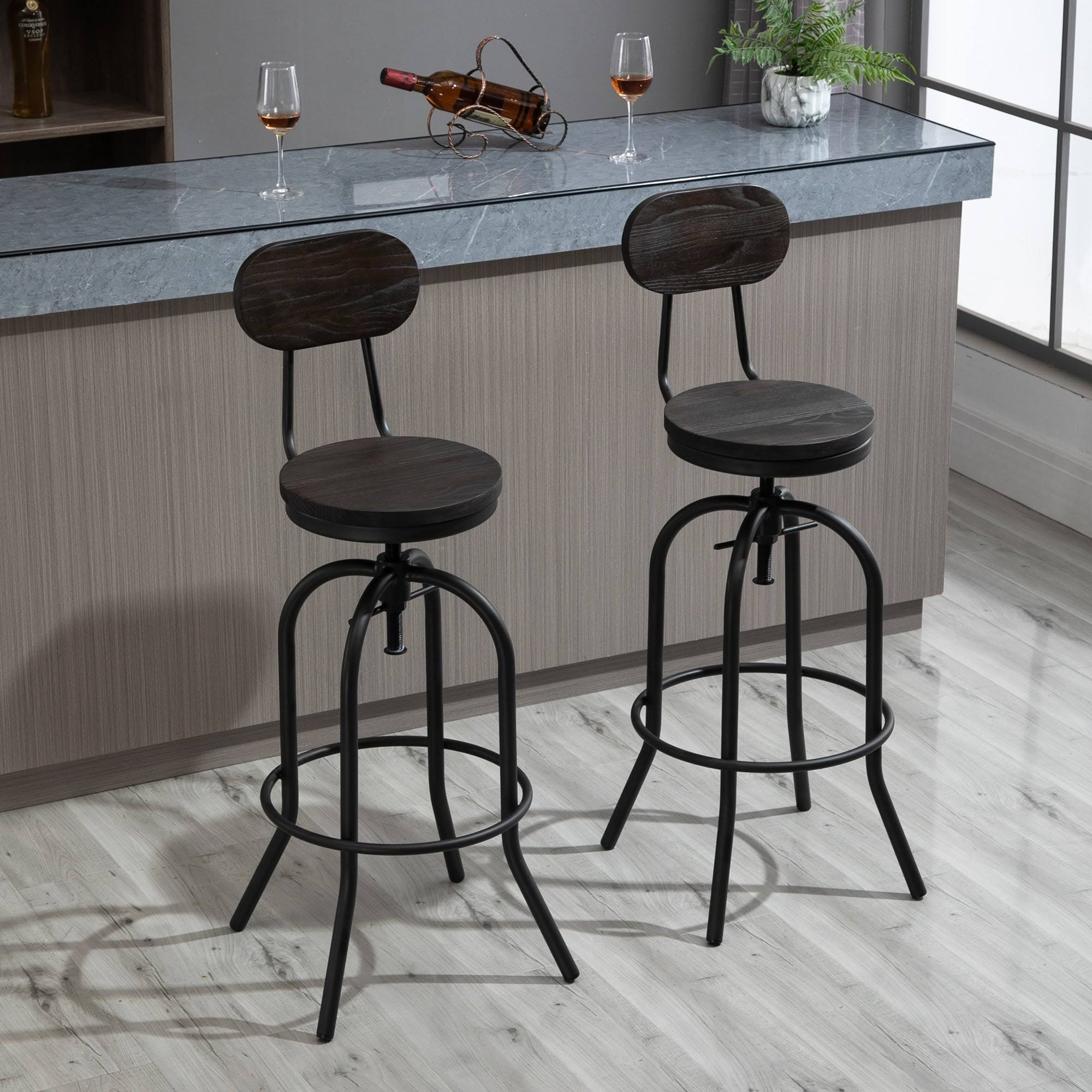 HOMCOM Set of 2 Retro Industrial Elm Wood Mid-Back Barstools with Adjustable Height and Swivel SEAT, Dark Brown and Black
