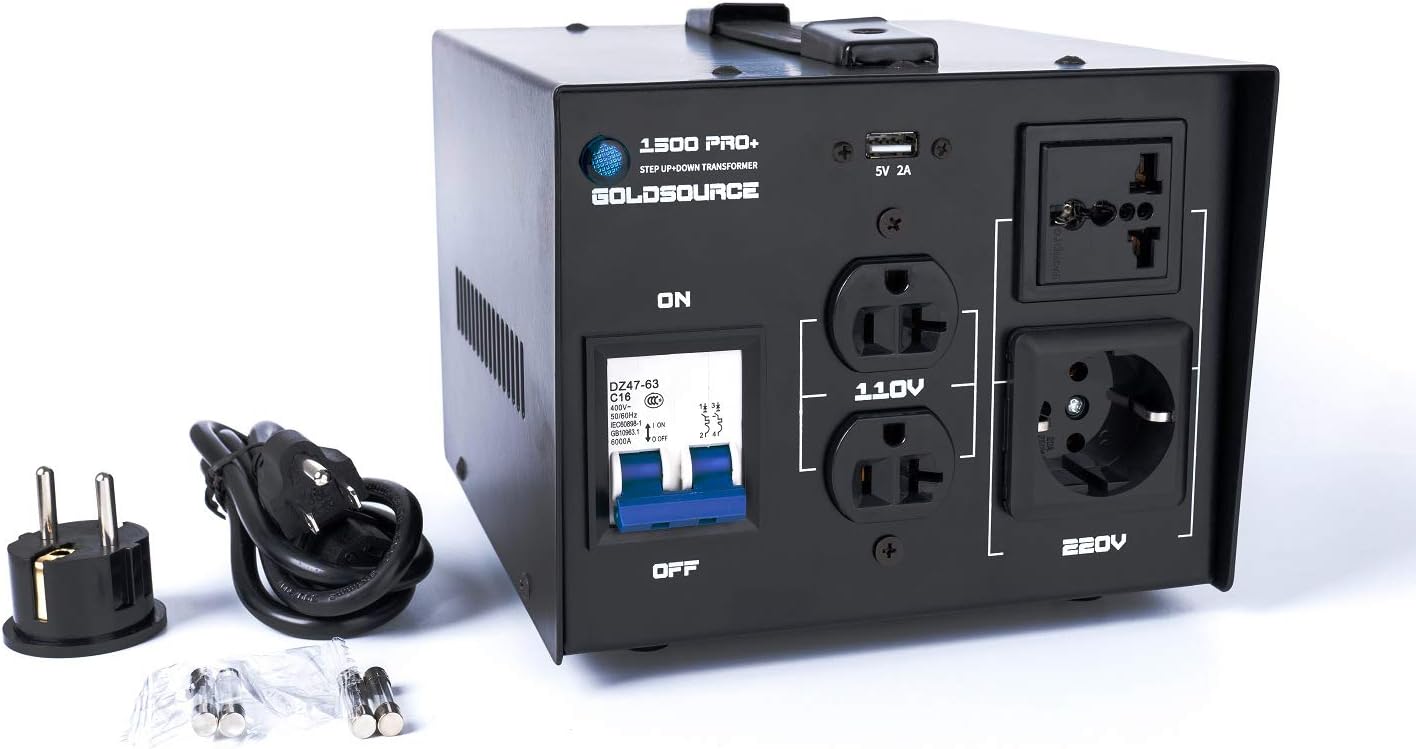 Goldsource 1500W ST Pro+ Auto Step Up & Step Down Voltage Transformer Converter, Upgraded Heavy-Duty AC 110/220V Converter with US Standard, Universal AC Outlets & DC 5V USB Port [3-Year Warranty]
