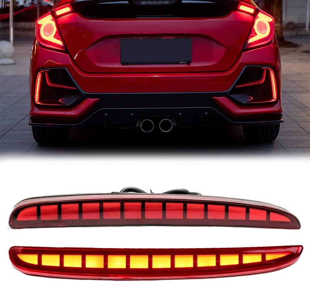VGETTING Red Lens LED Reflector Lights for 2017 2018 2019 2020 2021 Honda Civic Hatchback, Type-R, SI Rear Bumper Tail Light with Sequential Turn Signal, Brake Function (Red)