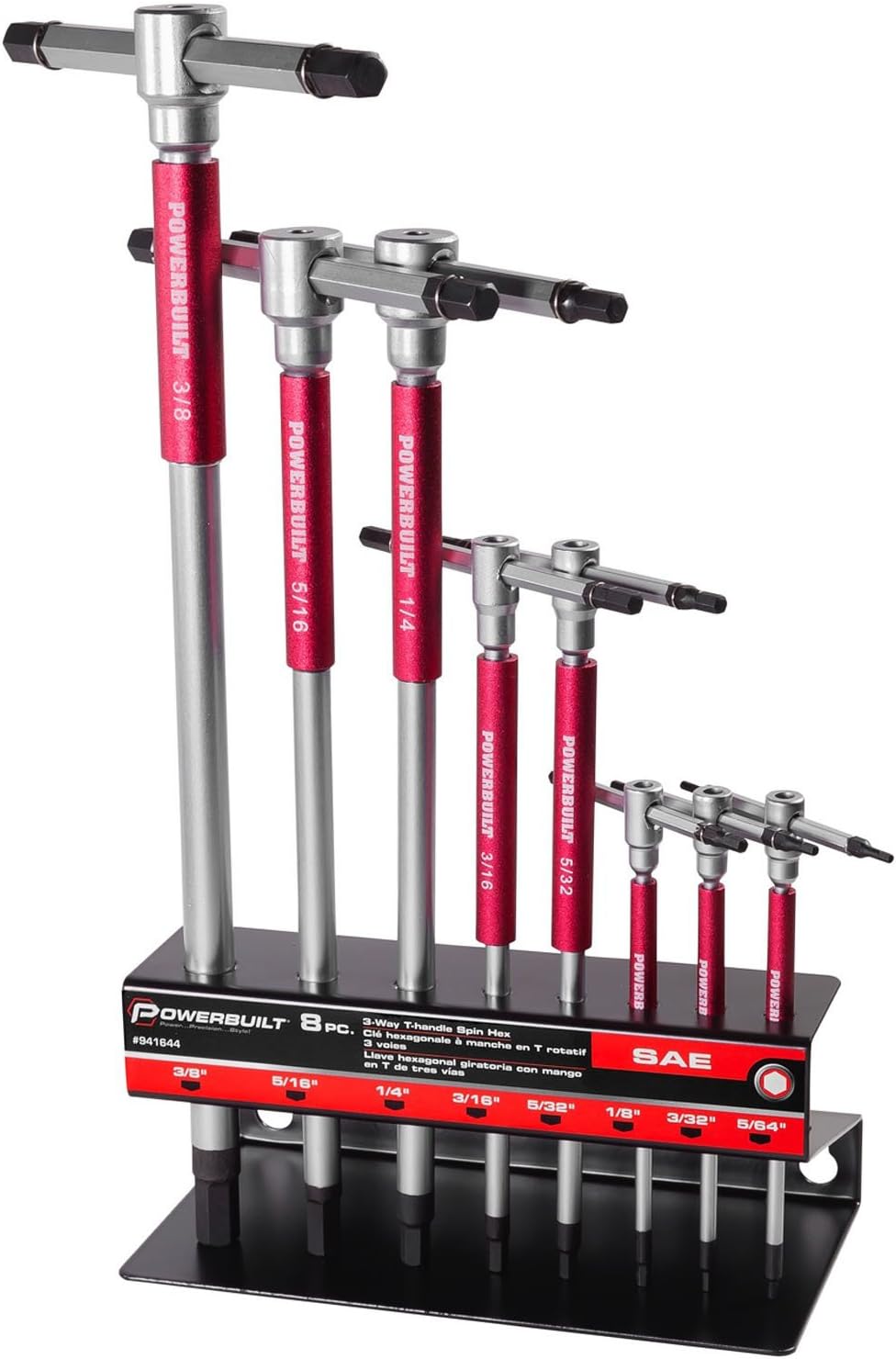 Powerbuilt 8 Pc SAE T-Handle Hex Allen Key Wrench Set w/ Speed Sleeves for Fast Spinning Action, Sliding Top Handle for &ldquo;T&rdquo; or &ldquo;L&rdquo; Shape, Long Shafts, Storage Rack, Auto, Bicycle, Moto - 941644
