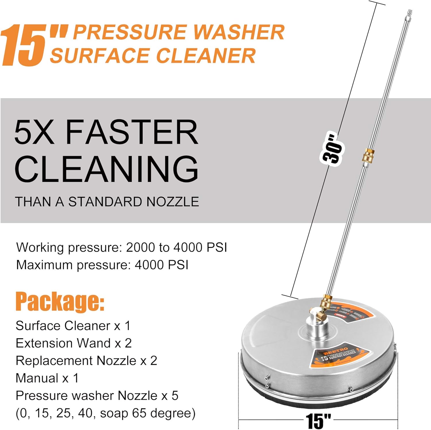 BEETRO 15 Inch Pressure Washer Surface Cleaner with Stainless Steel housing, 2 Replacement Nozzles and 2 Extension Wands, Power Washer Attachment 4000 PSI, 5 Nozzle Tips