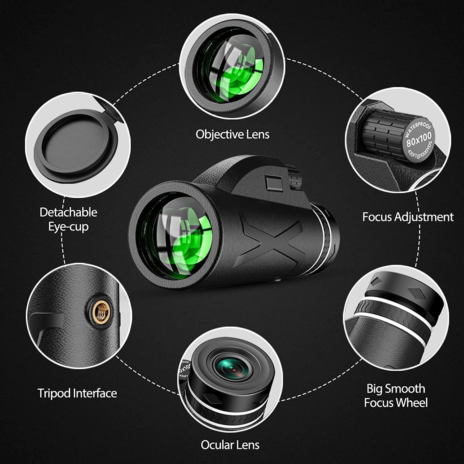 Monocular Telescope - 80x100 Compact High Power Monocular for Adults Kids HD Bifocal with Smartphone Holder and Tripod, Waterproof Fogproof Portable Prism for Wildlife Bird Watching Hunting Camping