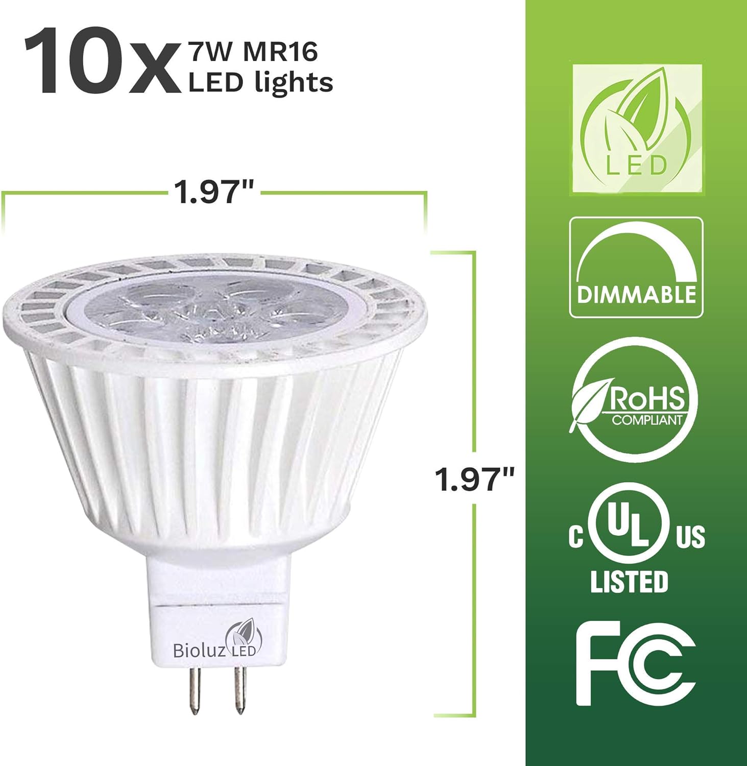 10 Pack Bioluz LED MR16 LED Bulb Dimmable 50W Halogen Replacement 3000K 7w 12V AC DC UL Listed Pack of 2
