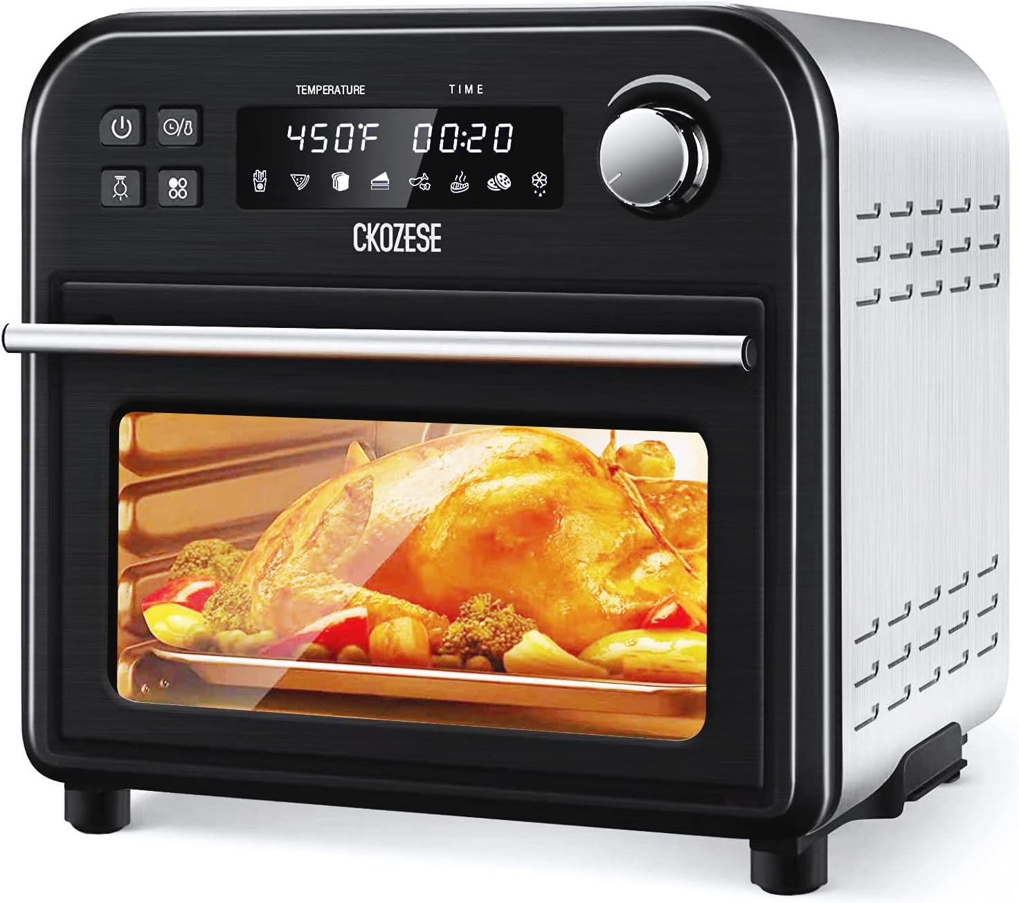 Compact Convection Oven, 8-In-1 Air Fryer Toaster Oven Countertop with 6 Rapid Infrared Heating, 6-Slice Stainless Steel Grill, Dehydrator-Roast-Broil-Bake, Digital Touch Screen, 45 Recipes&4 Fittings