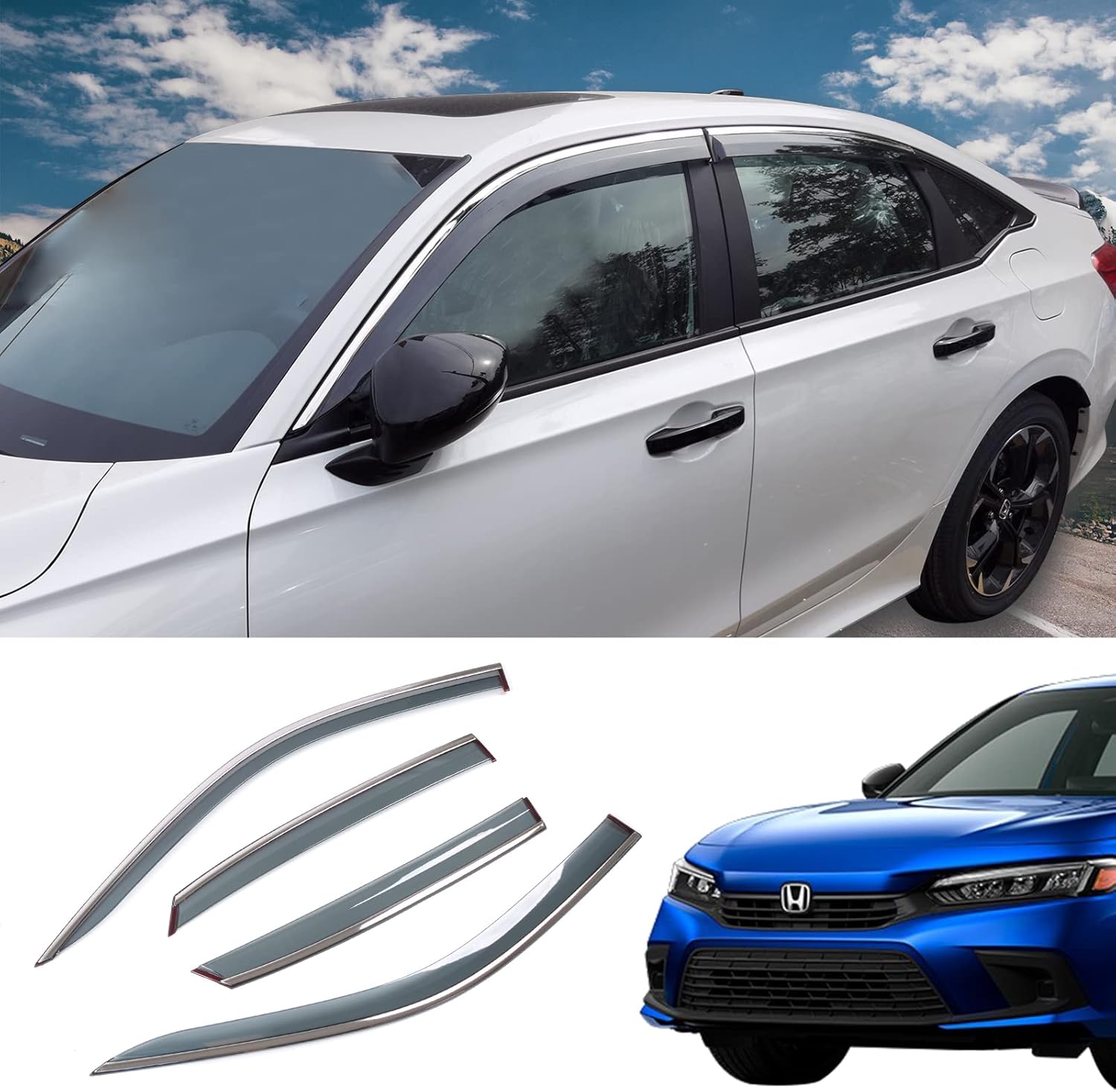 Maxzina Fit 2022 Honda Civic Rain Sun Shade Window Deflectors Shield Wind Guard Side-Custom Fit 4 Pcs Set for Honda Civic Sedan Accessories