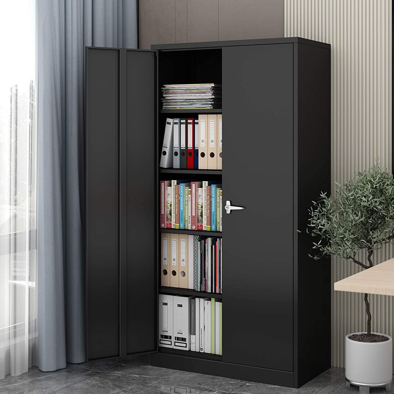 BYNSOE Metal Storage Cabinet Lockable Steel Office Storage File Cabinet with Doors Large Capacity Storage Cabinet with 4 Adjustable Shelves for Home Office Garage (Black)