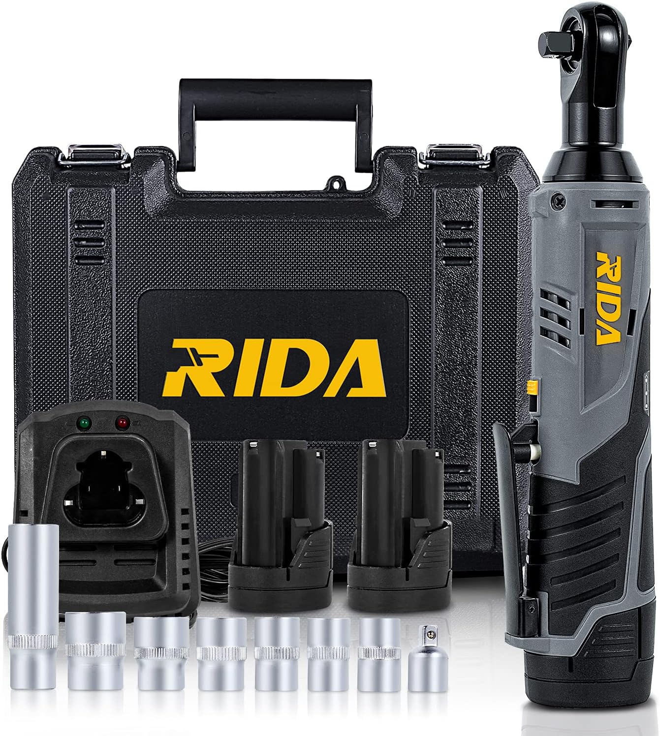 RIDA Cordless Electric Ratchet Wrench 3/8'' 460In-lbs 400 RPM 12V Power Ratchet Wrench Tool with 2-Pack 2.0Ah Lithium-Ion Battery and 60-Min Fast Charger, Variable Speed Trigger 8 Sockets LED Light