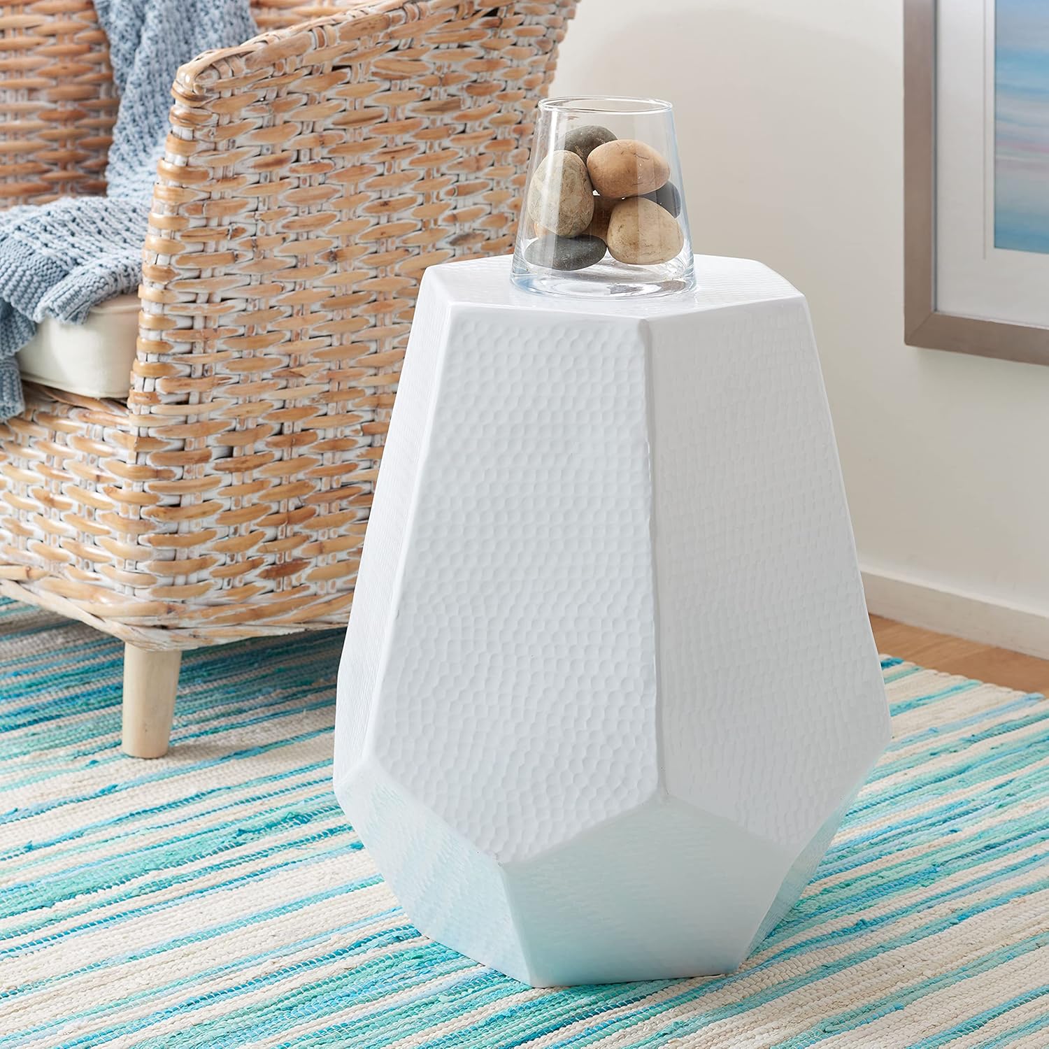 SAFAVIEH Home Collection Tantlum White Hammered Stool Accent Table FOX5509B