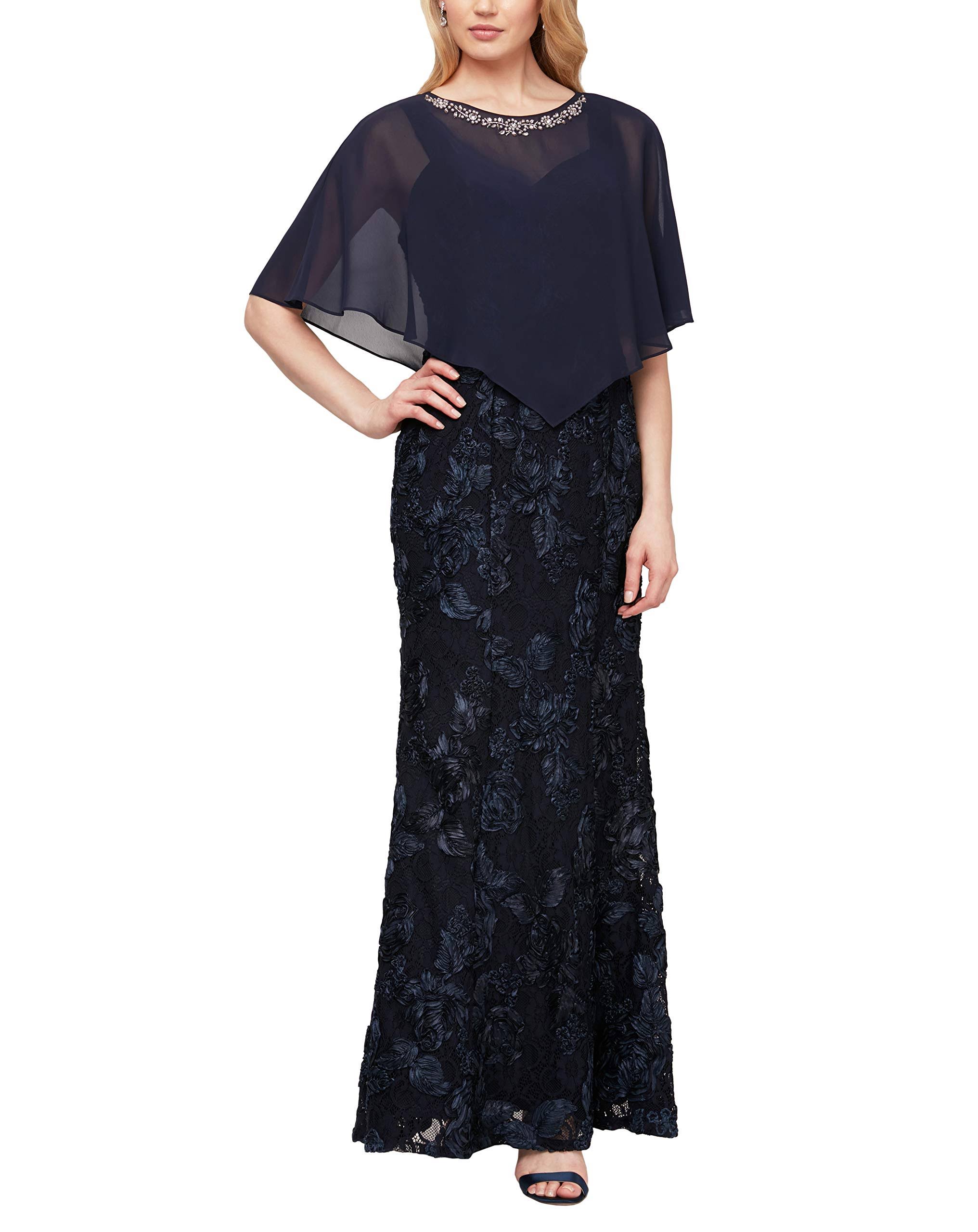 Ignite Evenings Embellished Neck Trim Detail Chiffon Cape Soutache Lace 2-Piece Gown - 16