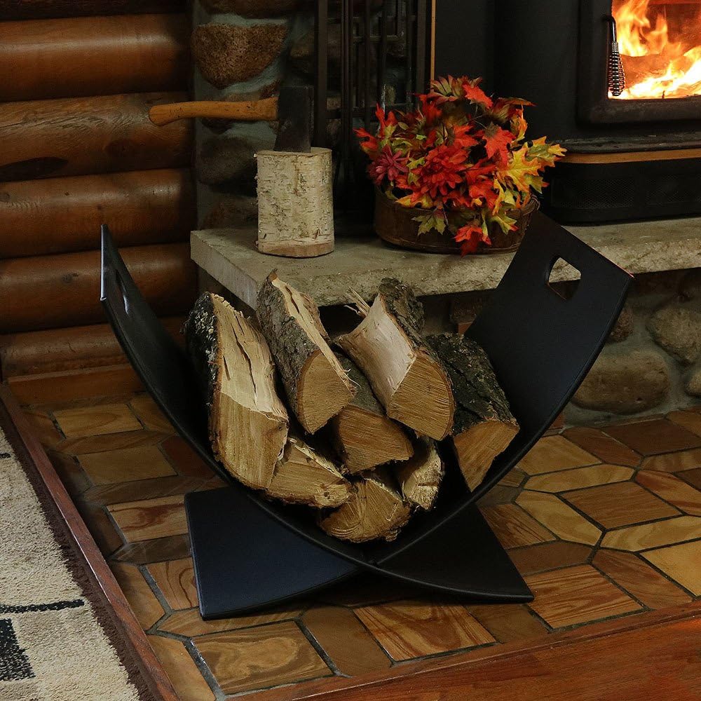 Sunnydaze 30 Inch Firewood Metal Log Rack - Indoor/Outdoor Heavy Duty Black Powder Coated Steel Wood and Kindling Stacker Storage Holder - Fireplace Accessory