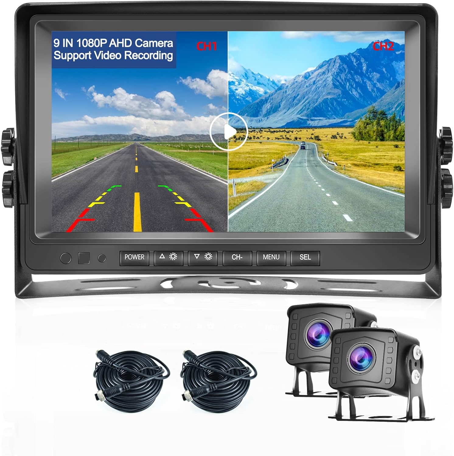 Backup Camera with Monitor Kit 9 Inch HD 1080P Split Screen DVR Monitor Wired Rear View Camera for Cars,Trucks,Pickup,SUVs,Vans Waterproof Super Night Vision Grid Lines 12V-35V