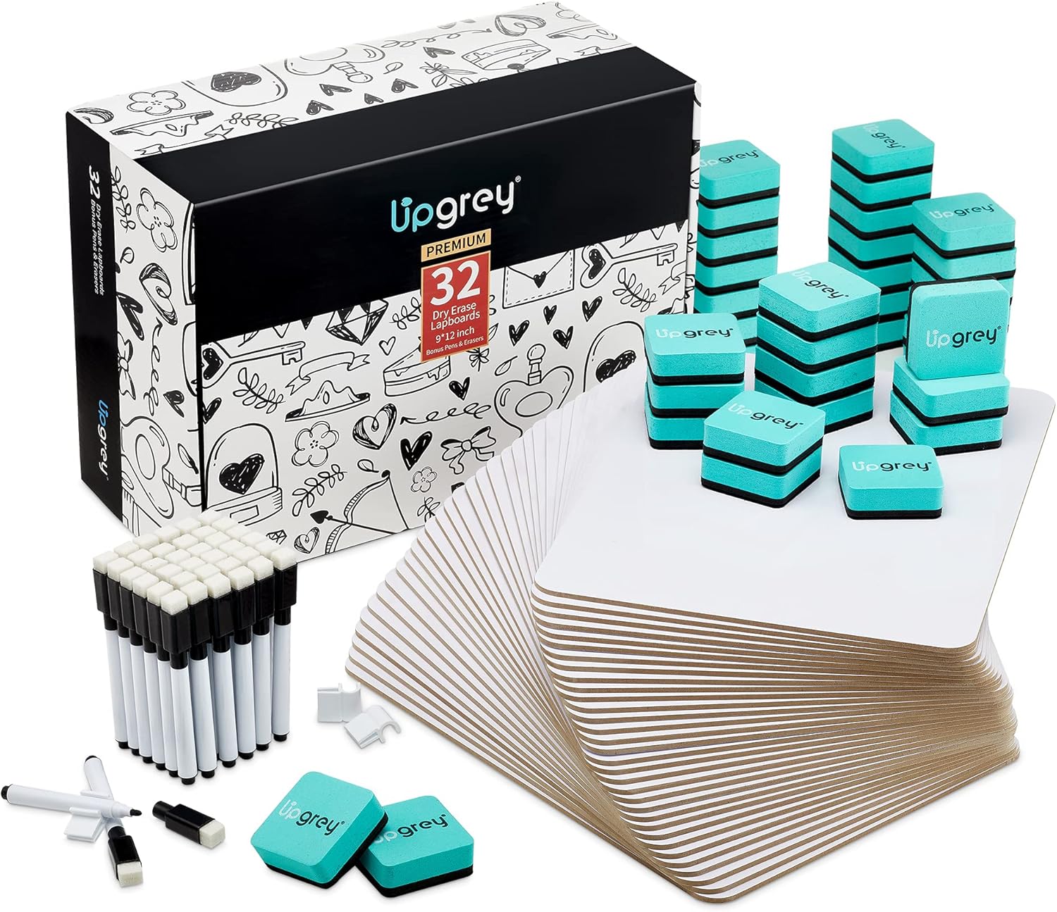 Dry Erase Lap Boards DOUBLE SIDED for Classroom, 32 Pack 9 x 12 Inches Portable Dry Erase Boards with 36 Pens, 36 Erasers and 36 Pen Holders, Small Whiteboards Set for Students, Kids, Teacher Supplies Pack of 2