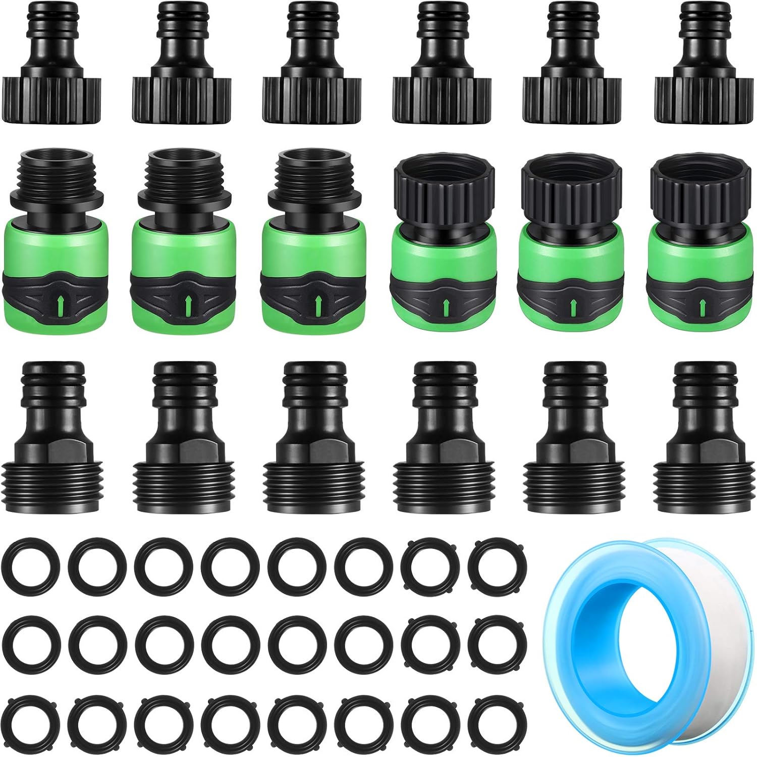 18 Pieces Quick Garden Hose Connector 3/4 Inch Thread Male and Female Hose Connectors Plastic Water Hose Fittings Hose End Adapters with 24 Pieces Rubber Gaskets and Roll of Tape Pack of 2