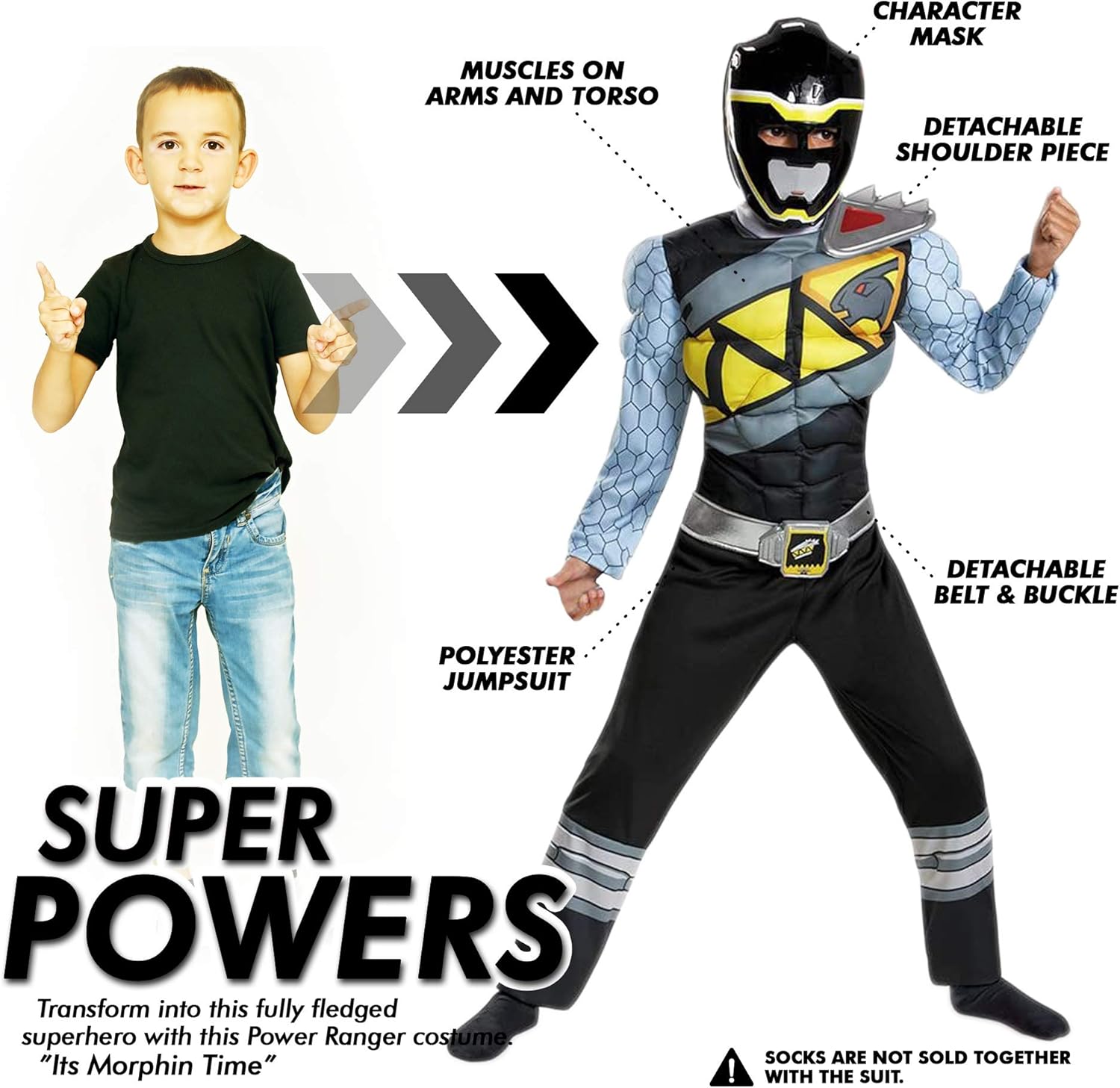 Black Power Rangers Costume for Kids. Official Licensed Black Ranger Dino Charge Classic Muscle Power Ranger Suit with Mask for Boys & Girls
