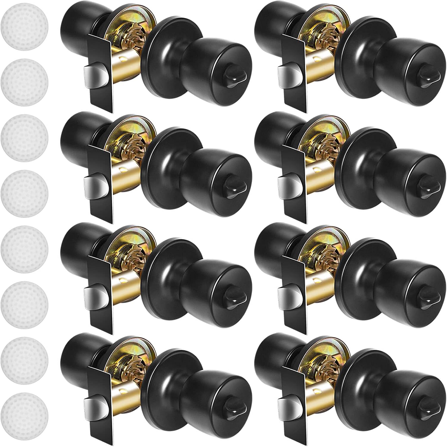 Tanzfrosch 4 Pack Keyless Privacy Door Knobs with 4 Door Stoppers, Interior Matte Black Door Knobs for Bedroom, Bathroom and Passage, Universal for Left and Right Handed Door Pack of 2
