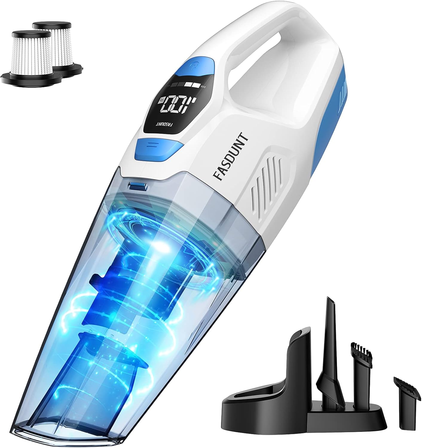 FASDUNT Handheld Vacuum, 8000Pa Powerful Hand Vacuum Cordless Rechargeable Wet Dry Hand Held Vacuuming with LCD Display, 2-3h Quick Charging, ECO & MAX Modes and Storage Rack for Home, Car, Office Pack of 2