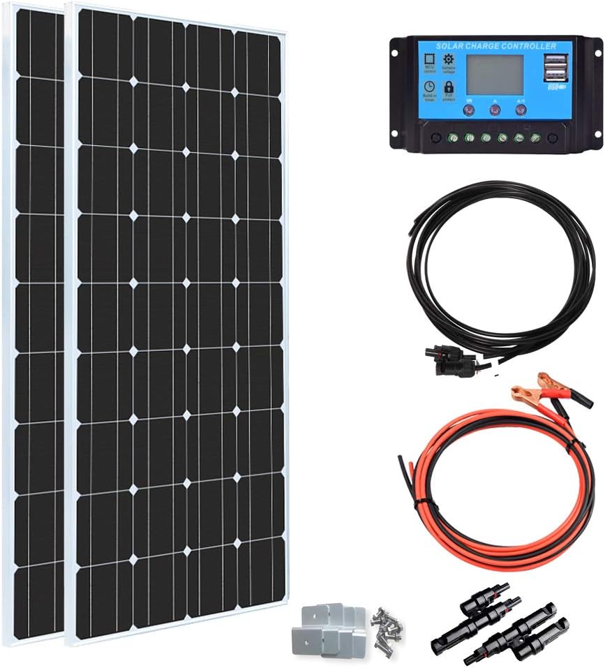 XINPUGUANG 200 Watt 12Volt Solar Panel Kit Moncrystalline,2pcs 100 Watt Solar Panel +20A Charge Controller+ Extension Cable ，Mounting Brackets for RV Trailer Camper Marine (200W Solar Kits)