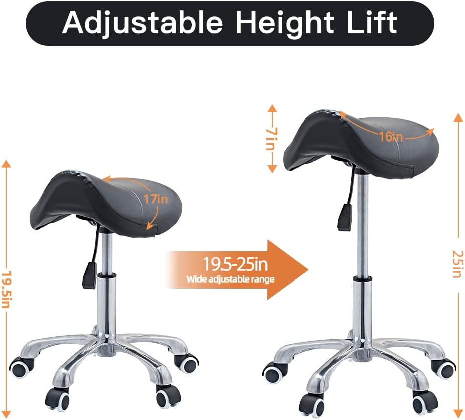 CHAOEEMY Professional Ergonomic Saddle Stool Rolling Chair PU Leather Comfortable Saddle Chair Swivel Salon Cutting Stool for Kitchen, Salon, Spa, Tattoo, Pedicure, Massage Black