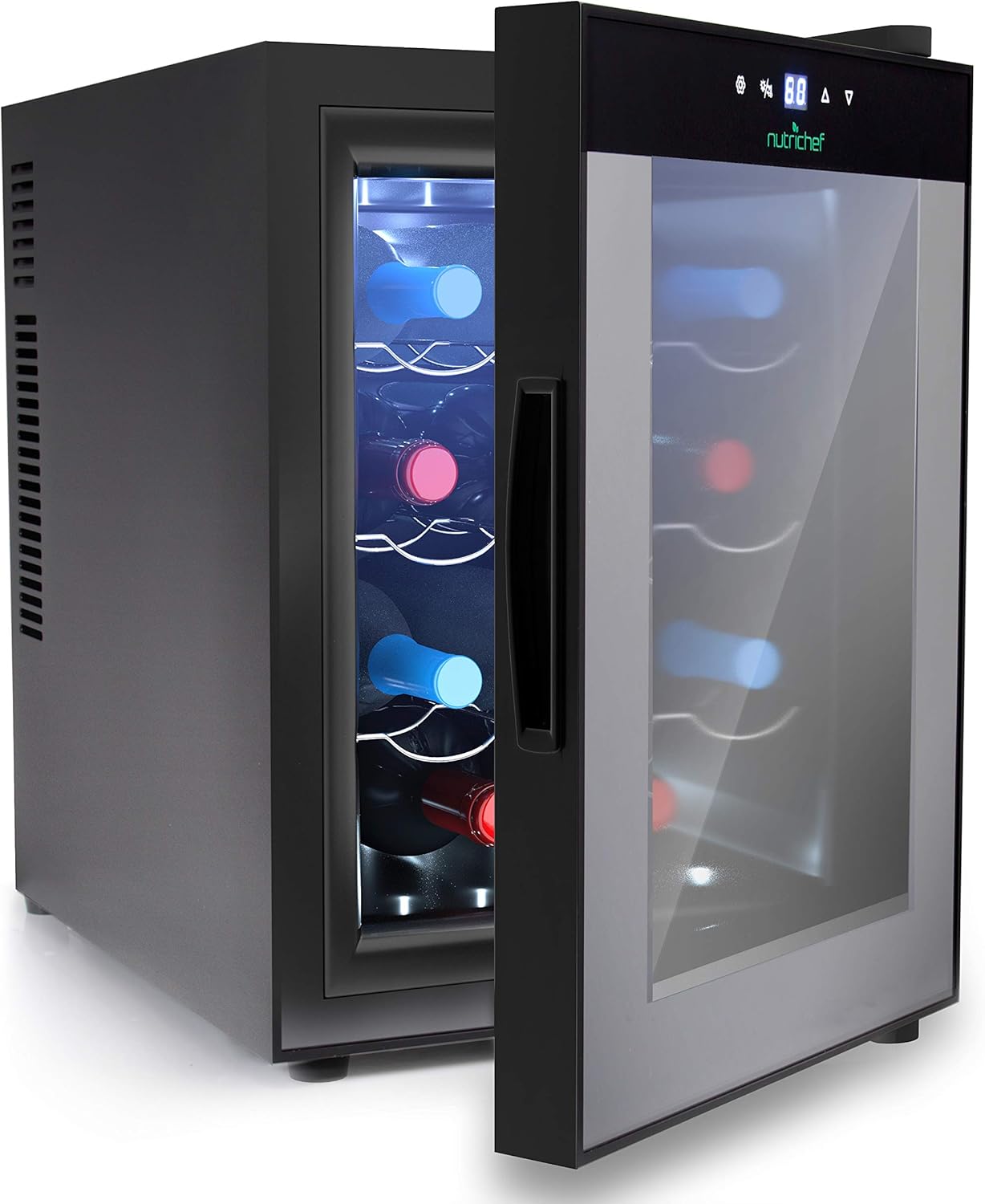 15 Bottle Wine Cooler Refrigerator - White & Red Wine Fridge Chiller Countertop Wine Cooler - Freestanding Compact Mini Wine Fridge 15 Bottle Capacity, Digital Control, Glass Door - NutriChef PKCWC150