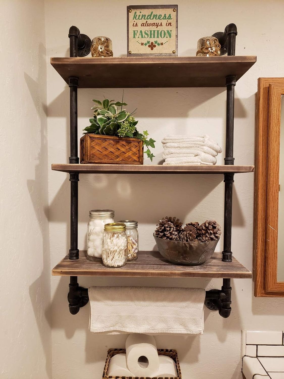 Industrial Pipe Shelf,Rustic Wall Shelf with Towel Bar,24