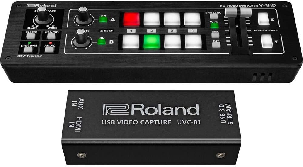 Roland V-1HD STR Mixer/Switcher Live Streaming Bundle with Video Encoder UVC-01, 6' HDMI Cable & 10-Pack Straps